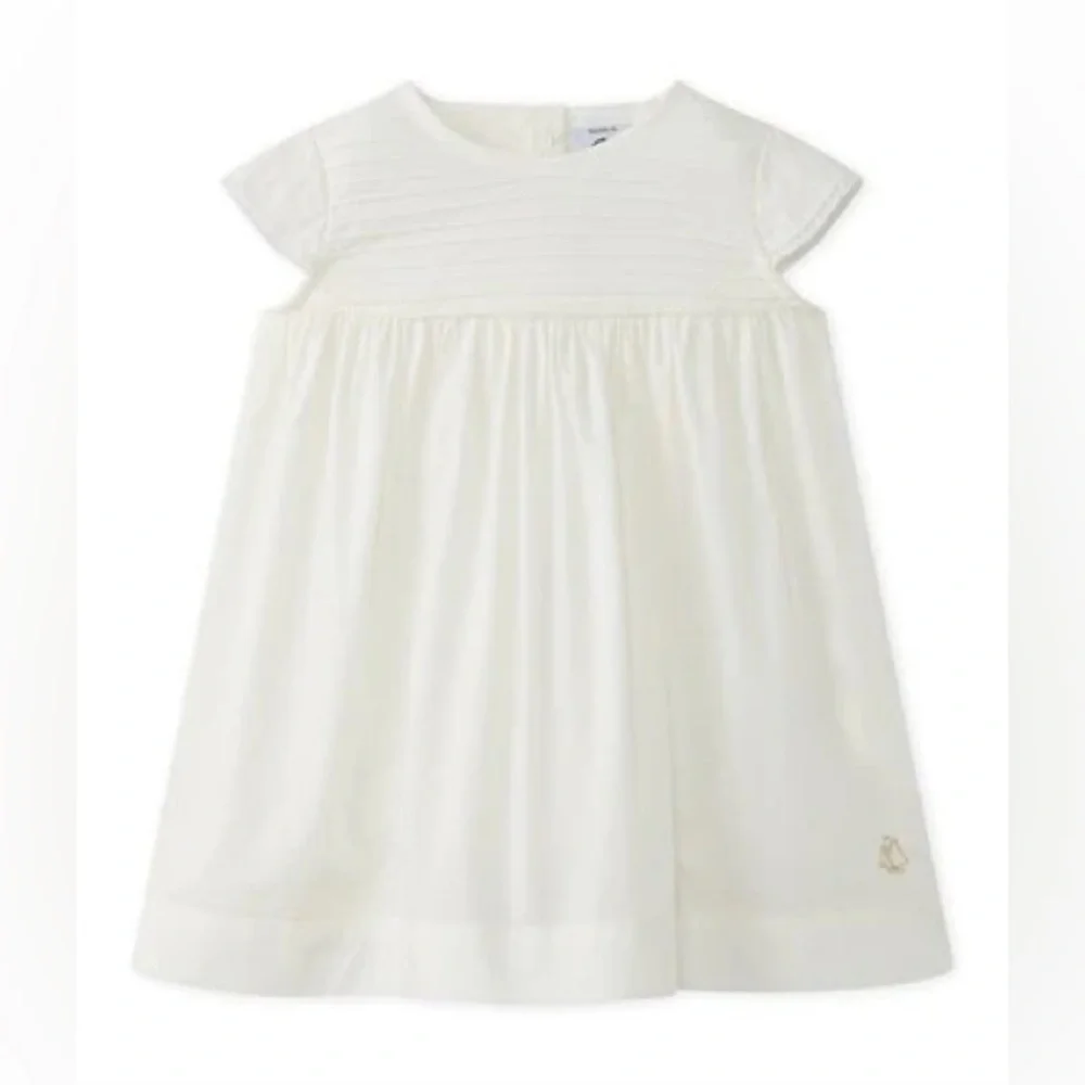 Petite Bateau Baby Girls White Poplin Cotton Textured Ruffle Dress- 2T